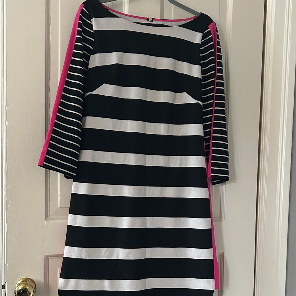 Eliza J Black and White Striped Dress with Pink Highlights